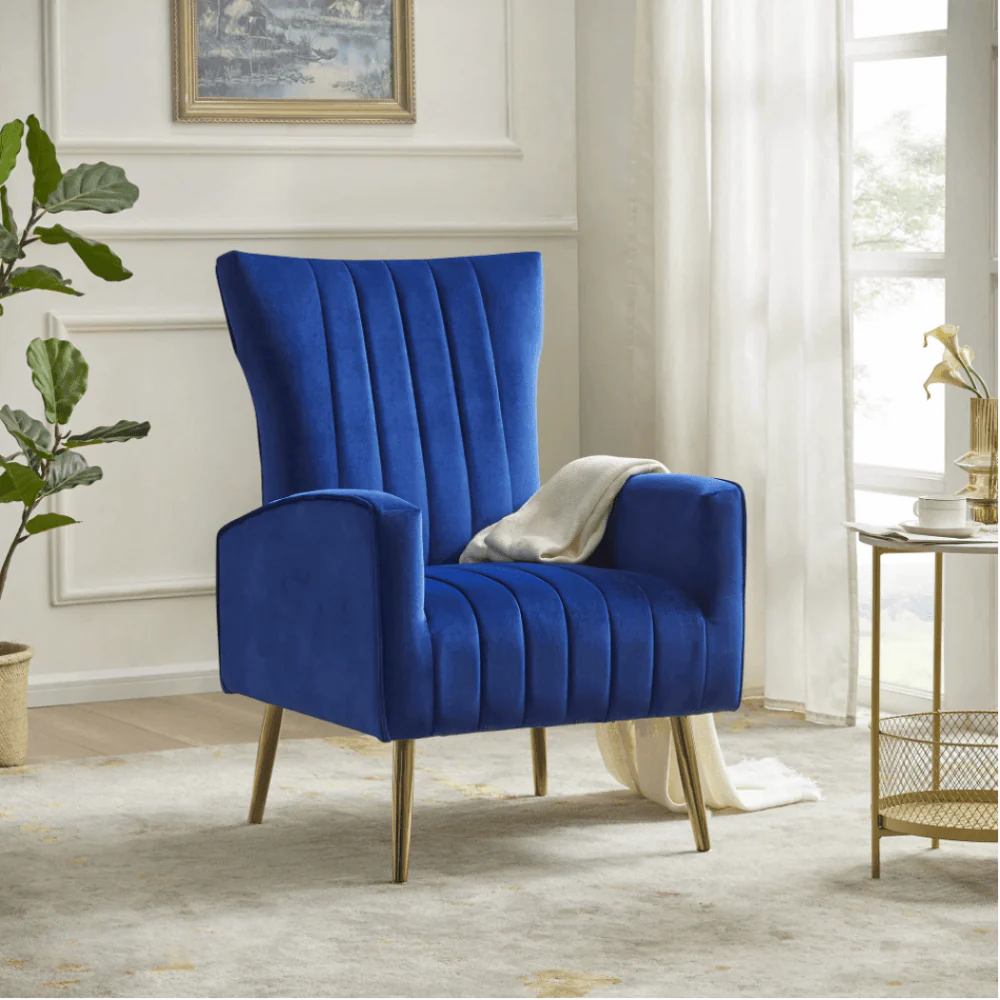 Navy blue Turkish wing chair with premium fabric, gold legs, and ergonomic design for comfort and style.
