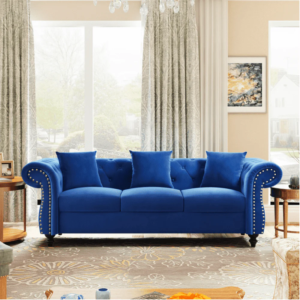 Navy Blue Chesterfield Suede Sofa Set, Btm Layout Bangalore, Factory Outlet Sofa, Stylish Lounger, Premium Furniture