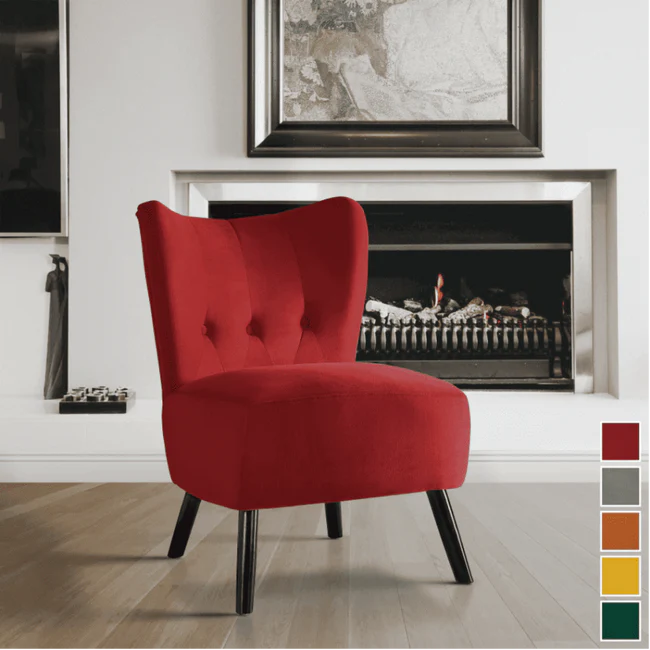 Red Chair: The bold red Lappy Suede Accent Chair by Style My Space elevates any room with its striking design