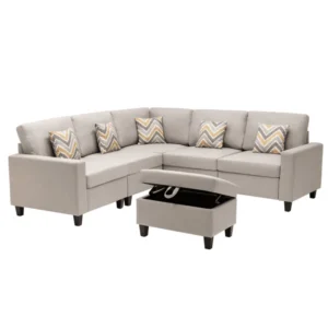 Linen Fabric Sectional Sofa with Pillows and Storage Ottoman