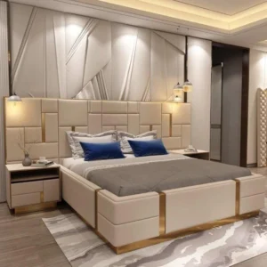Luxury Upholstered Bed With Side Tables in Leatherette