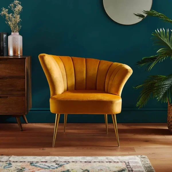 Orange Velvet Accent Chair with gold metal legs