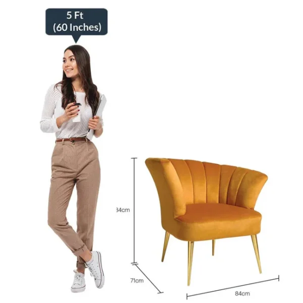 Orange Velvet Accent Chair with gold metal legs, luxurious design