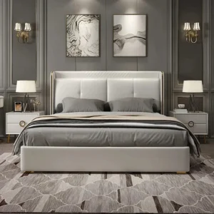 Upholstered Bed with Storage in Off White In Leatherette