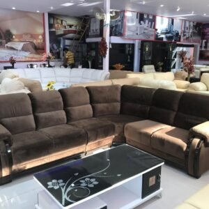 Brown L Shape Sofa Set with velvet upholstery and modern design