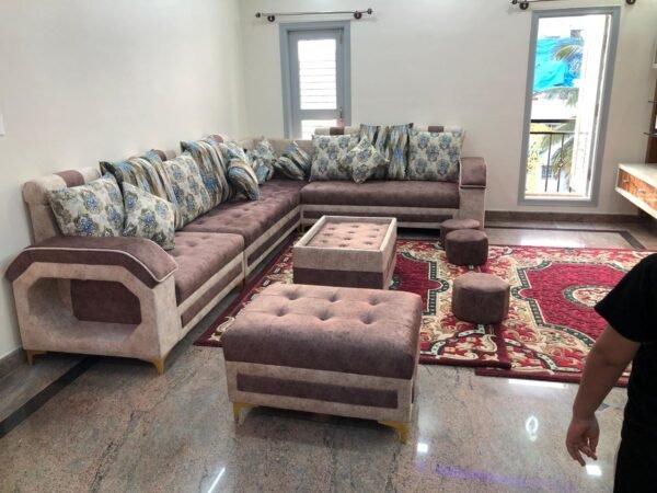 Brown Velvet L Shape Sofa Set with Wooden Frame and Plush Comfort