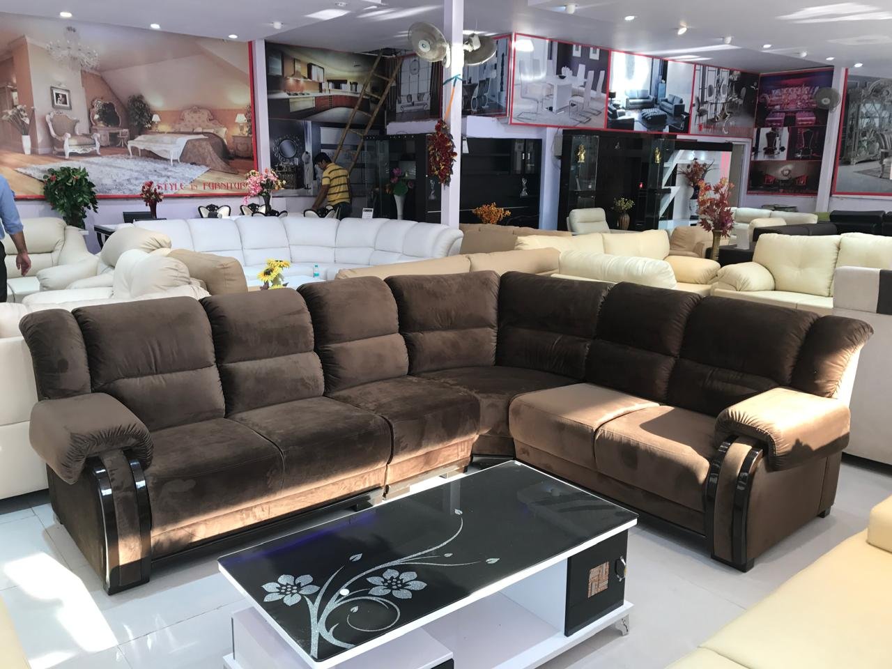 Brown L Shape Sofa Set with velvet upholstery and modern design