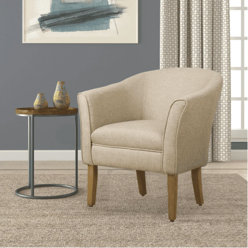 well Barrel Accent Chair1 Well Barrel Accent Chair by Style My Space with gold legs and premium upholstery.